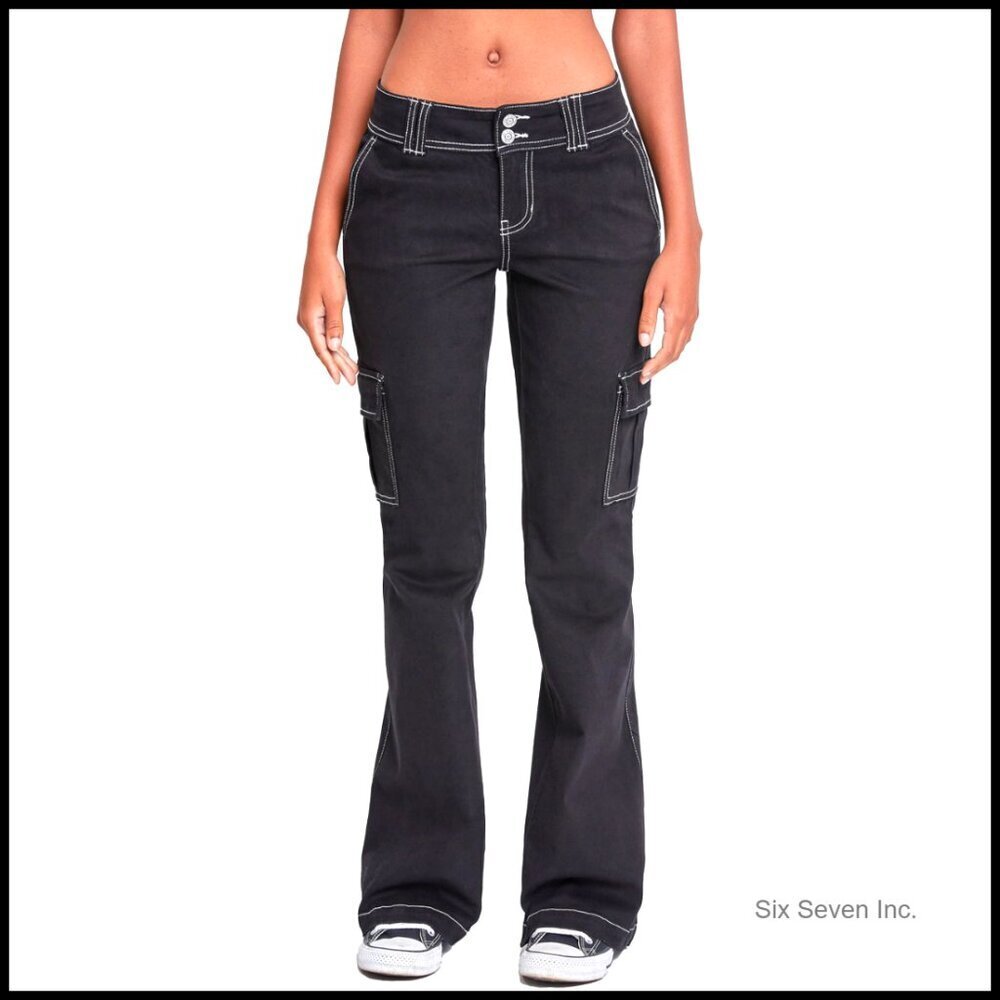Low Rise Cargo Flare Pants Y2K Retro Chic with Contrast Stitching and Flare Leg